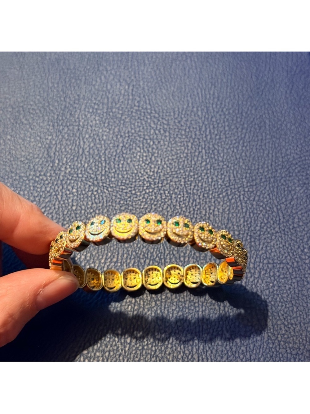 Gold Smiley Face Crystal Stretch Bracelet with Green Accents